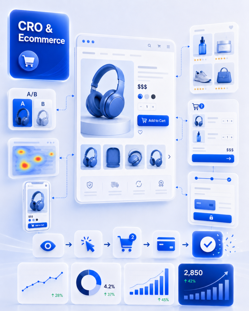 CRO consulting and ecommerce strategy concept showing A/B testing, product page optimization, heatmaps, cart activity, checkout flow, conversion rate, and revenue metrics
