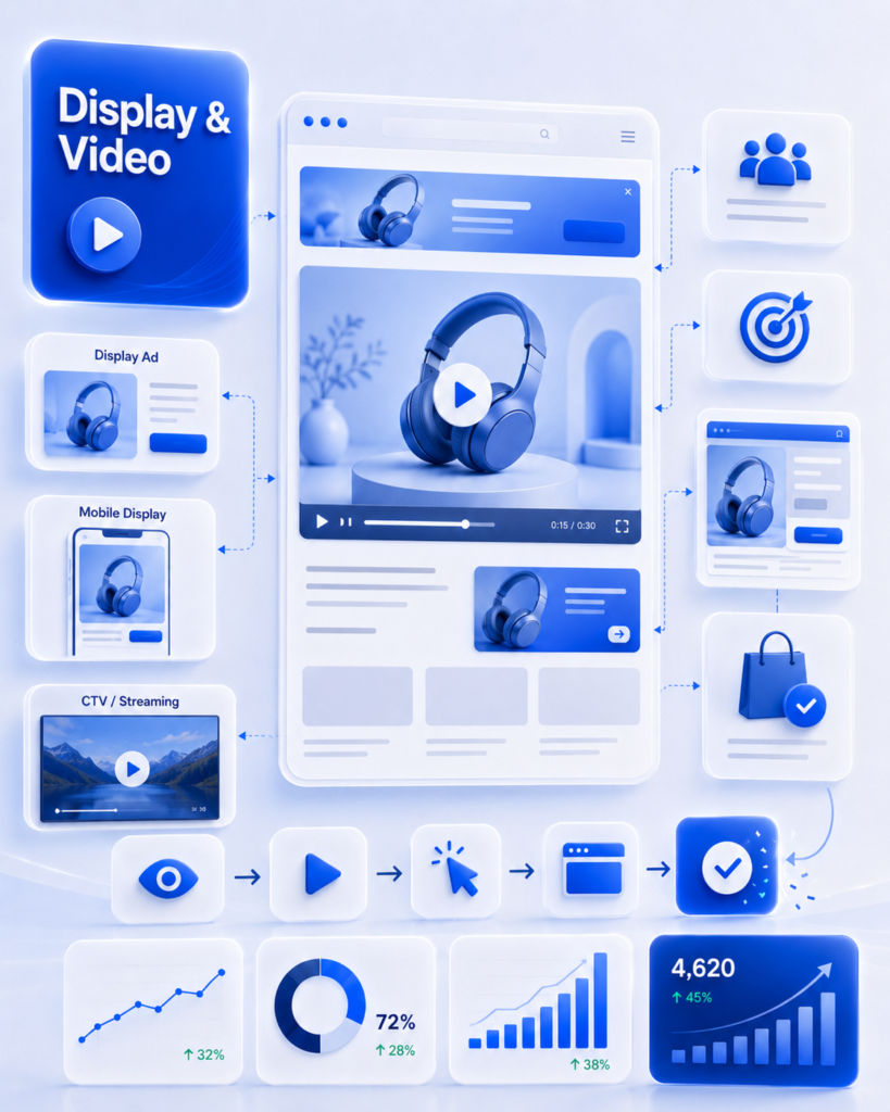 Video and display advertising consulting concept showing digital video ads, mobile display placements, CTV streaming, audience targeting, and campaign performance metrics