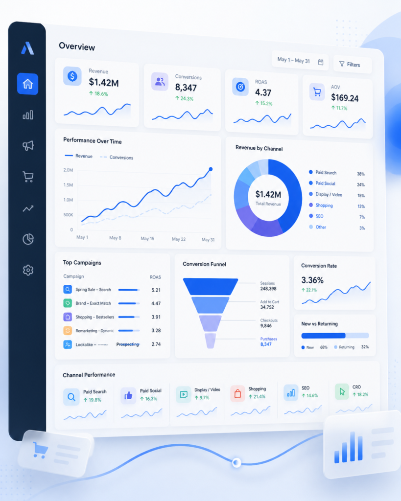 Digital performance marketing consulting dashboard showing revenue, conversions, ROAS, channel performance, campaign results, conversion funnel, and ecommerce metrics