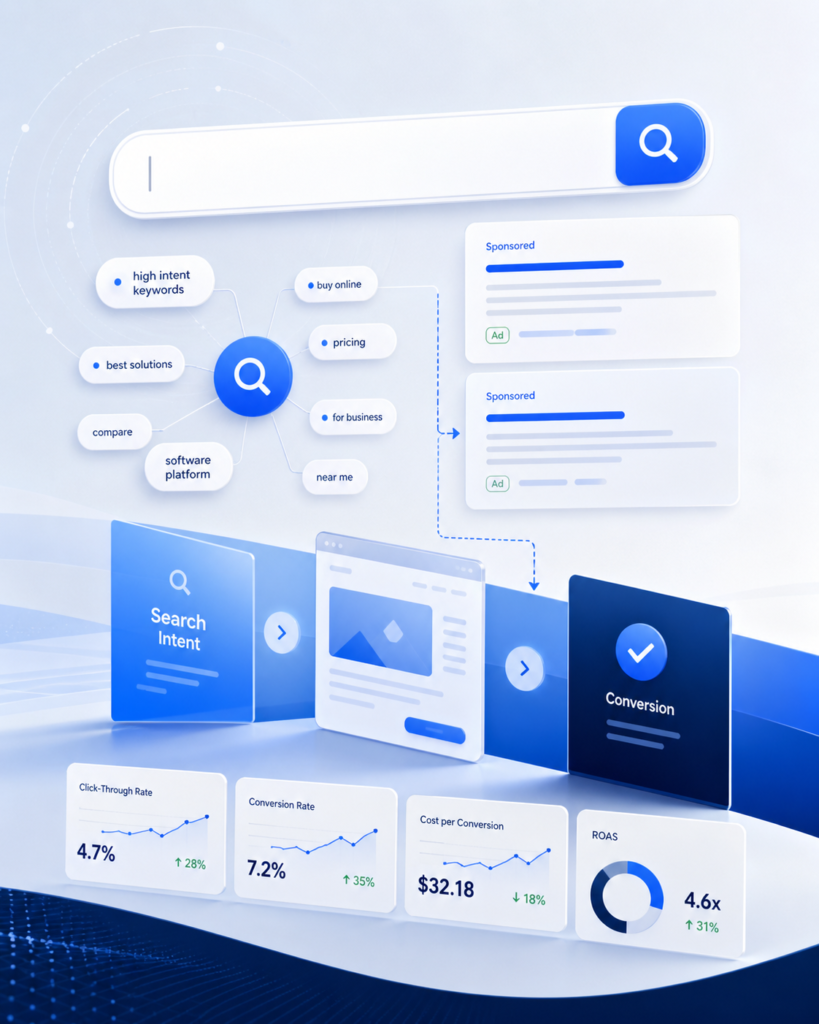 Paid search consulting concept showing search intent keywords, sponsored search ads, landing page flow, conversions, click-through rate, cost per conversion, and ROAS