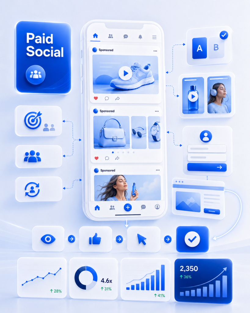 Paid social consulting  strategy concept showing sponsored social media posts, creative testing, audience targeting, engagement, clicks, and performance metrics