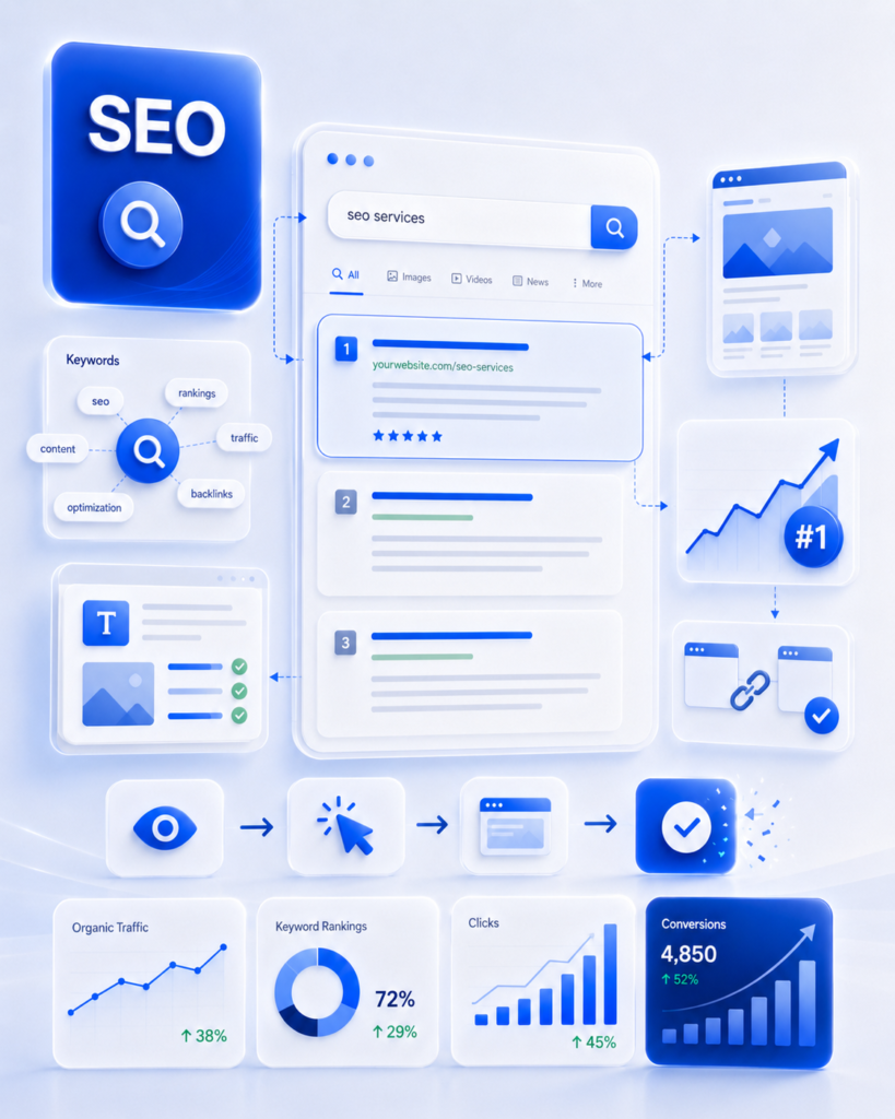 SEO content optimization dashboard with keyword research and organic search insights