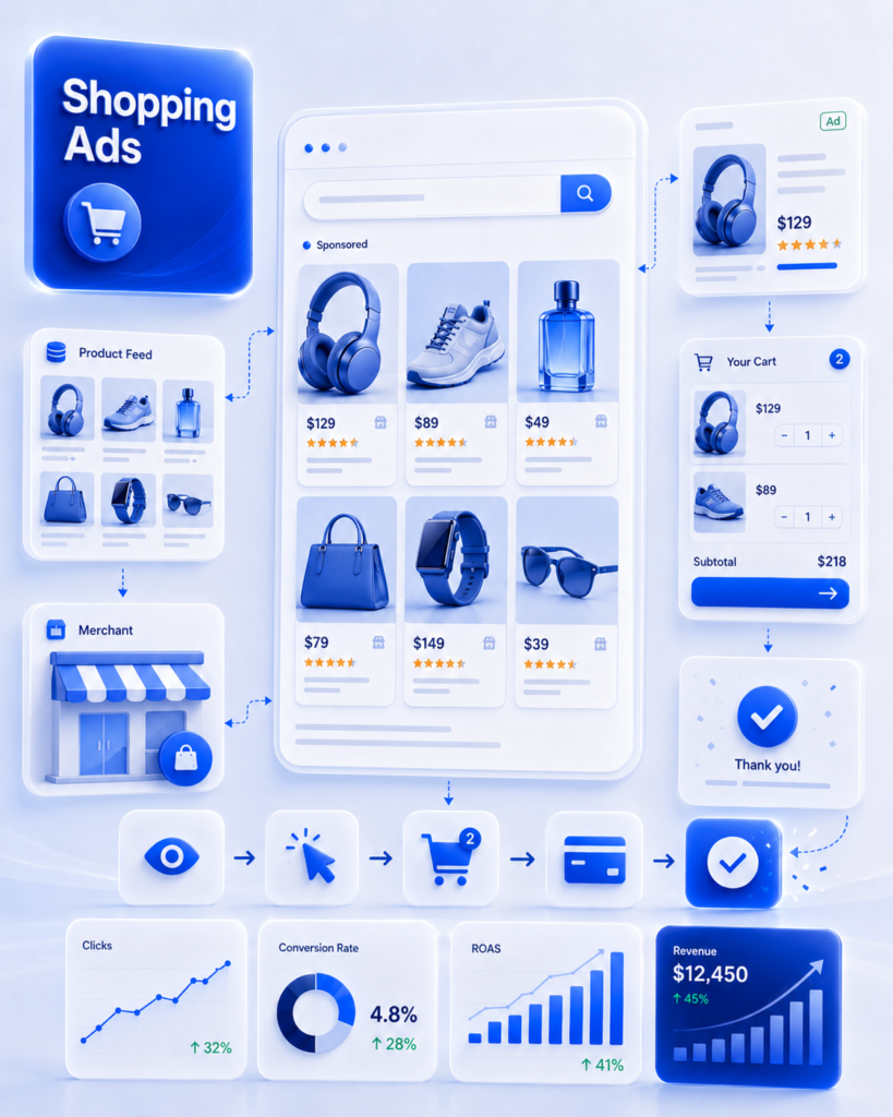 Shopping ads consulting dashboard with product feed and ecommerce campaign performance insights