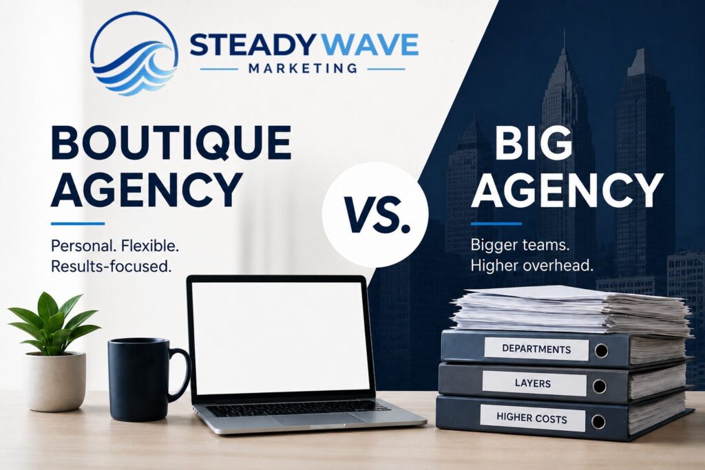 Boutique marketing agency compared with a big agency, highlighting personal service and lower overhead