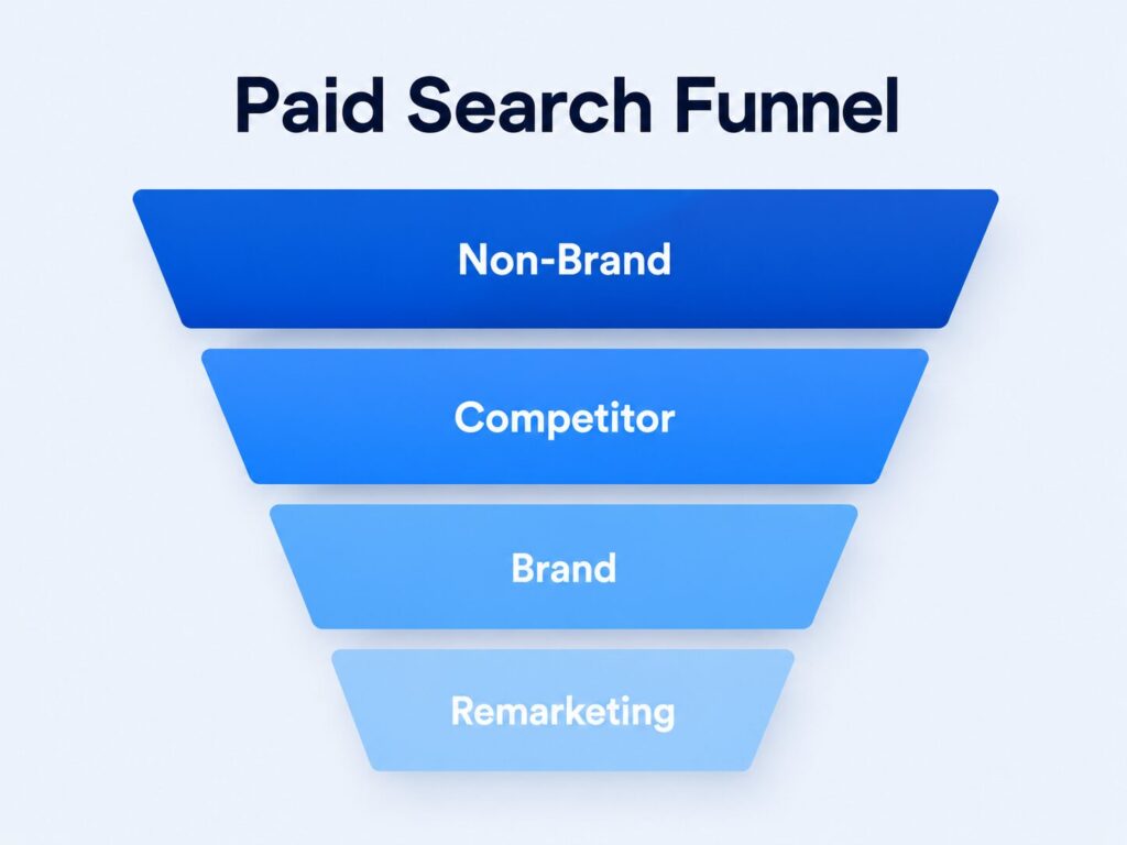 Paid search funnel showing non-brand, competitor, brand, and remarketing campaign stages
