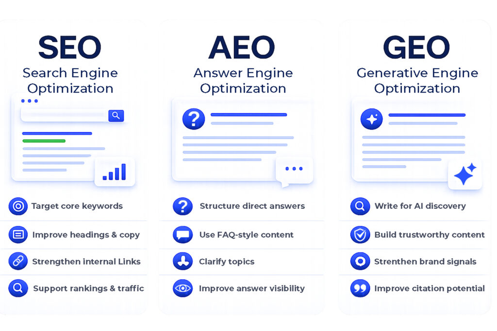 SEO, AEO, and GEO optimization strategies for search engines, answer engines, and generative AI